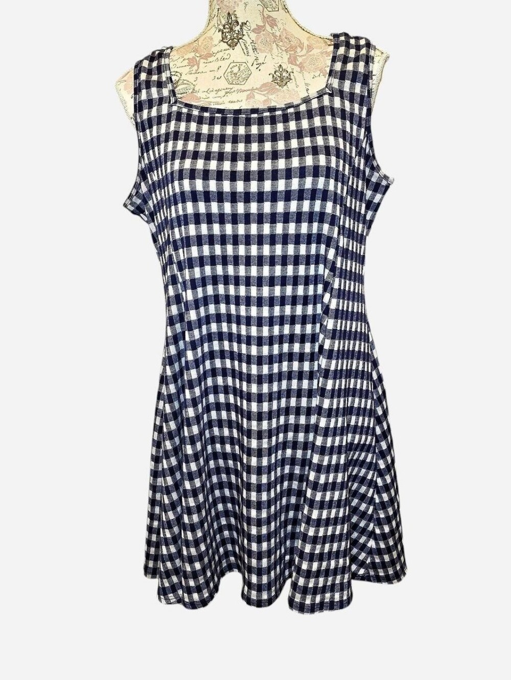 Navy and White Gingham Sleeveless Fit-and-Flare Dress